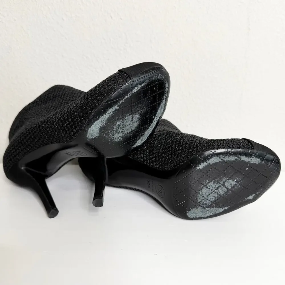 Chanel Beaded Ankle Booties Black Cap Toe Heels 38.5 CC Logo